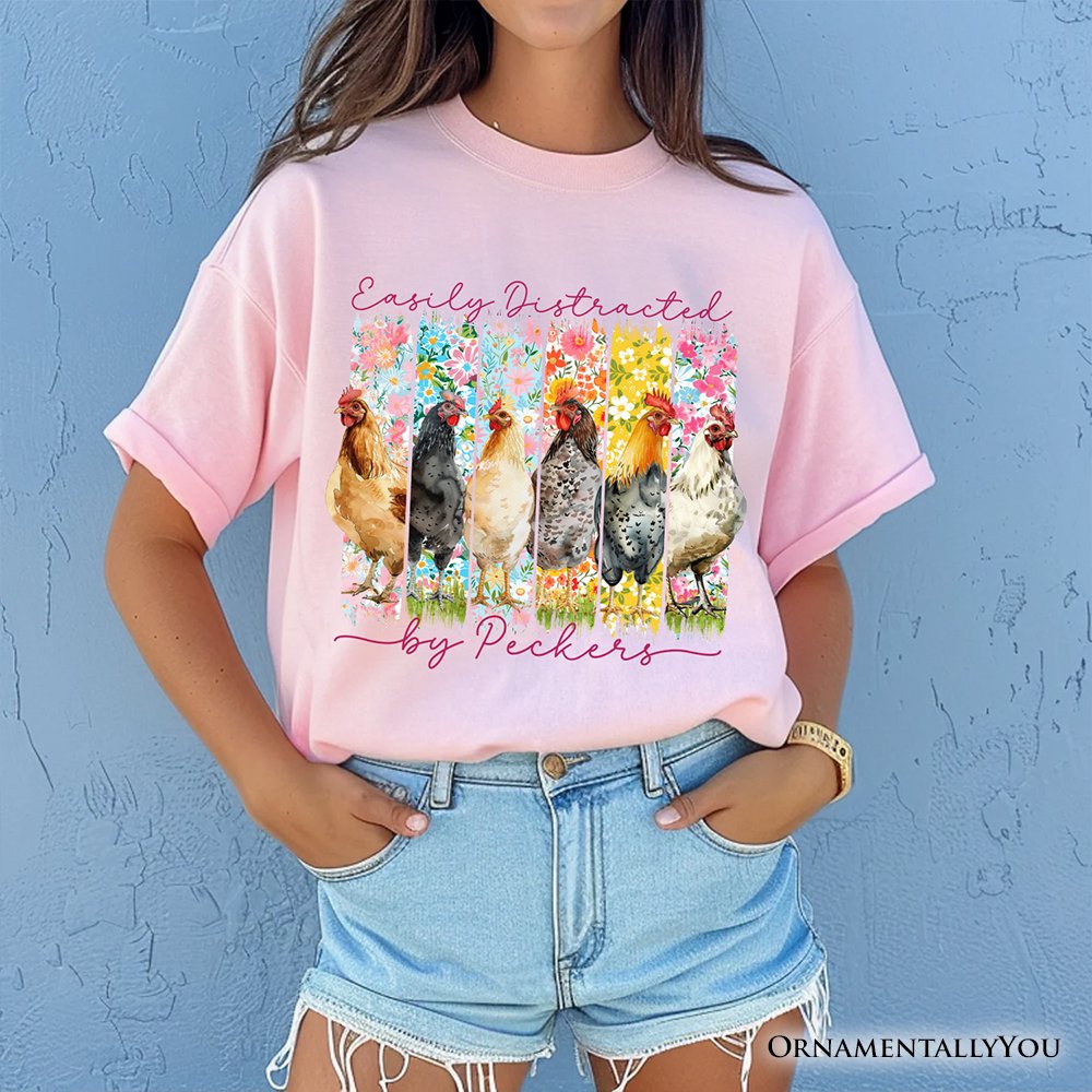 Easily Distracted by Peckers Chicken Farm T-Shirt, Funny Floral Farmlife Brushstroke Tee T-Shirts OrnamentallyYou 