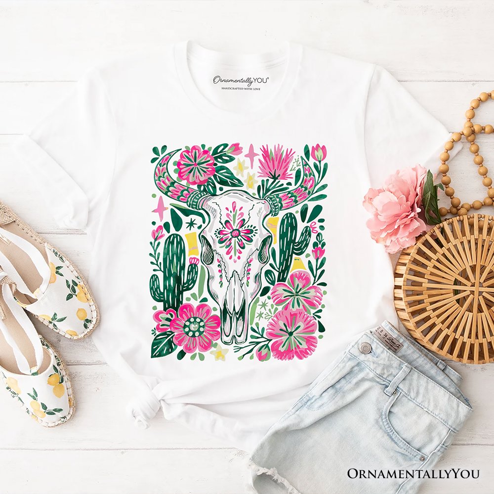 Western Floral Cow Skull T-Shirt, Boho Cowgirl Wildflower Cactus Tee T-Shirts OrnamentallyYou White XS 