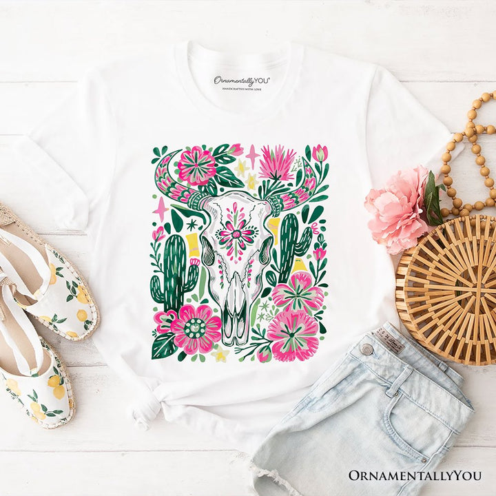 Western Floral Cow Skull T-Shirt, Boho Cowgirl Wildflower Cactus Tee T-Shirts OrnamentallyYou White XS 