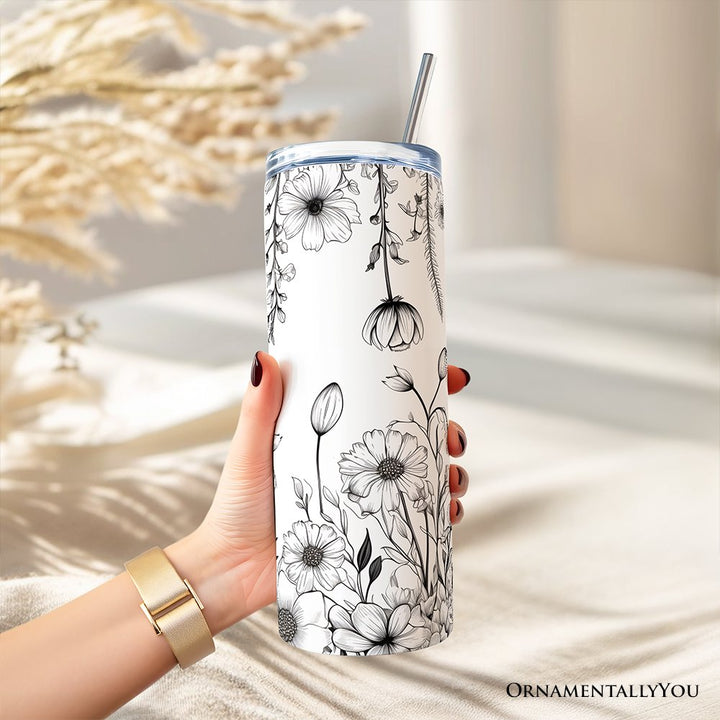 White and Black Wild Flowers Tumbler With Lid and Stainless Steel Straw, Beautiful Spring Travel Mug Gift Tumbler OrnamentallyYou 