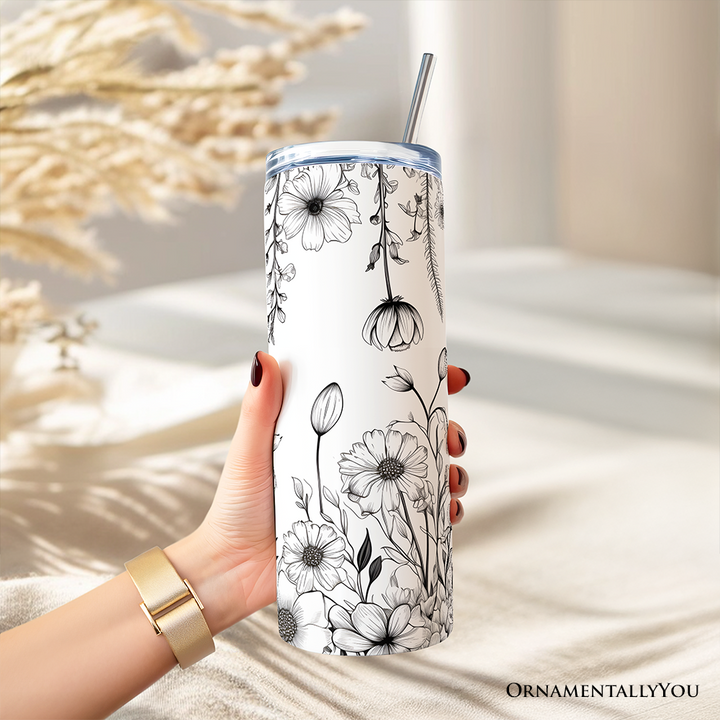 White and Black Wild Flowers Tumbler With Lid and Stainless Steel Straw, Beautiful Spring Travel Mug Gift