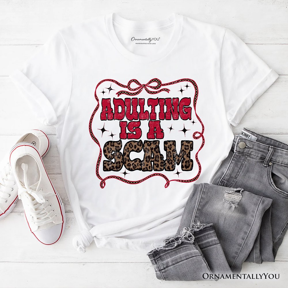 Adulting Is a Scam Humor T-Shirt, Leopard Retro Western Tee T-Shirts OrnamentallyYou White XS 