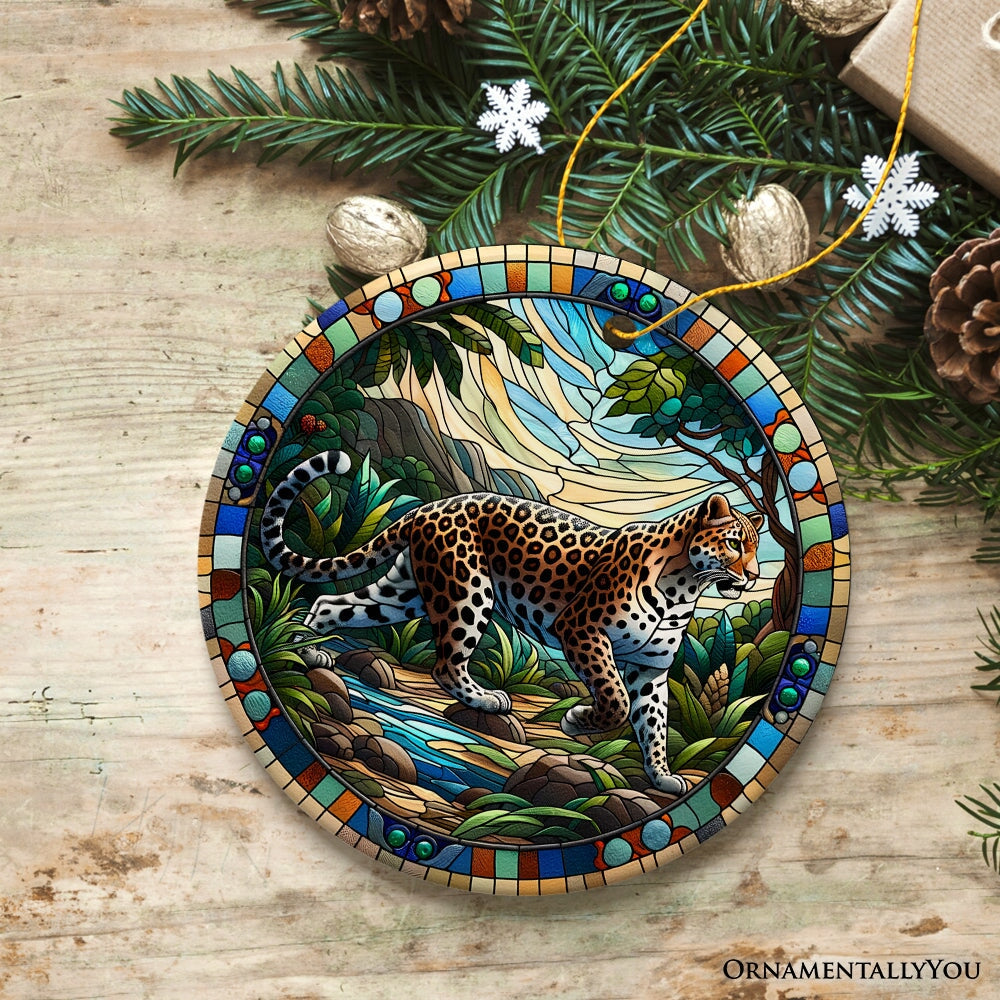 African Leopard Expedition Stained Glass Style Ceramic Ornament, Safari Animals Christmas Gift and Decor Ceramic Ornament OrnamentallyYou 