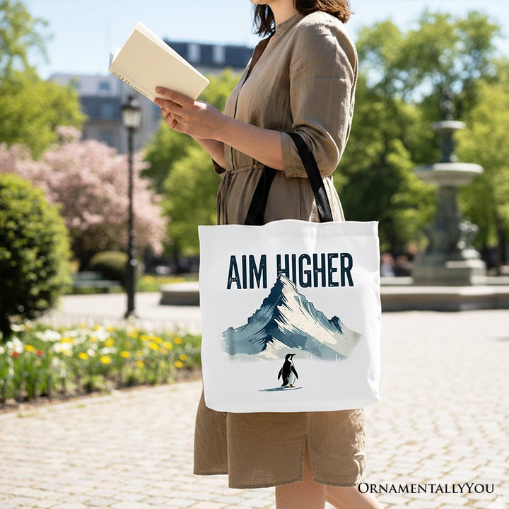 Aim Higher Penguin Tote Bag, Vintage Mountain Motivational Quote Gift Shopper Tote Bag OrnamentallyYou 