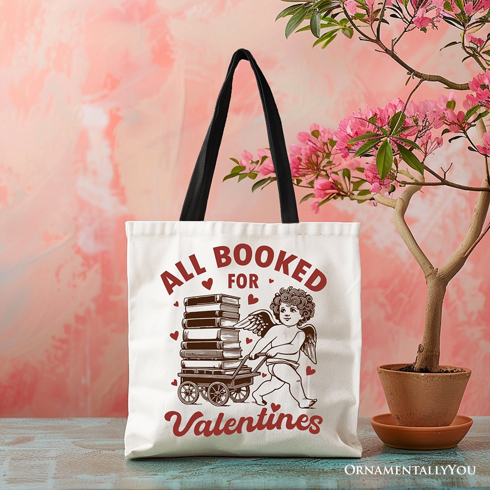 All Booked For Valentines Cupid Canvas Tote Bag, Vintage Funny Bookworm Gift Tote Bag OrnamentallyYou Black Handle 