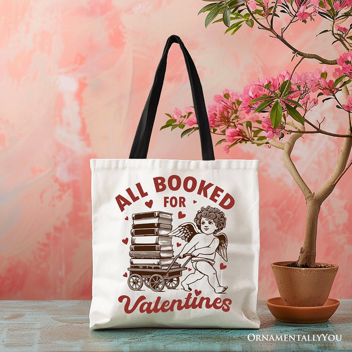 All Booked For Valentines Cupid Canvas Tote Bag, Vintage Funny Bookworm Gift Tote Bag OrnamentallyYou Black Handle 
