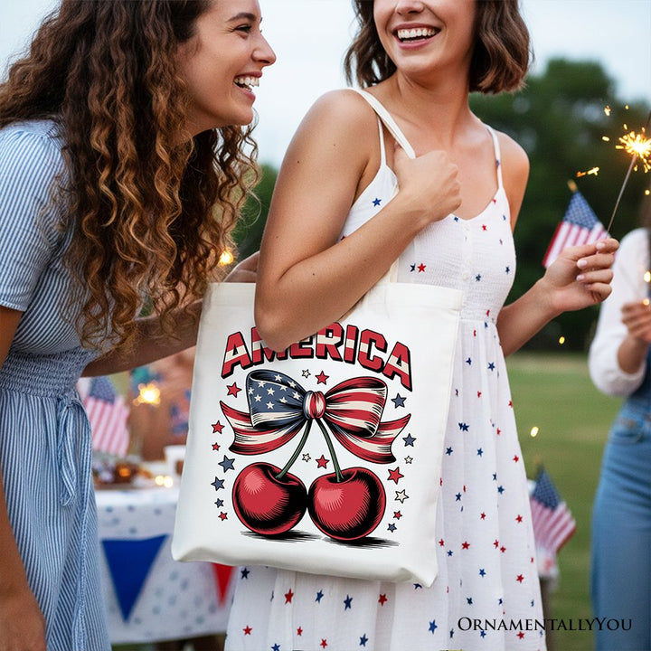 America Coquette Cherries Tote Bag, Patriotic 4th of July Gift Shopper Tote Bag OrnamentallyYou 