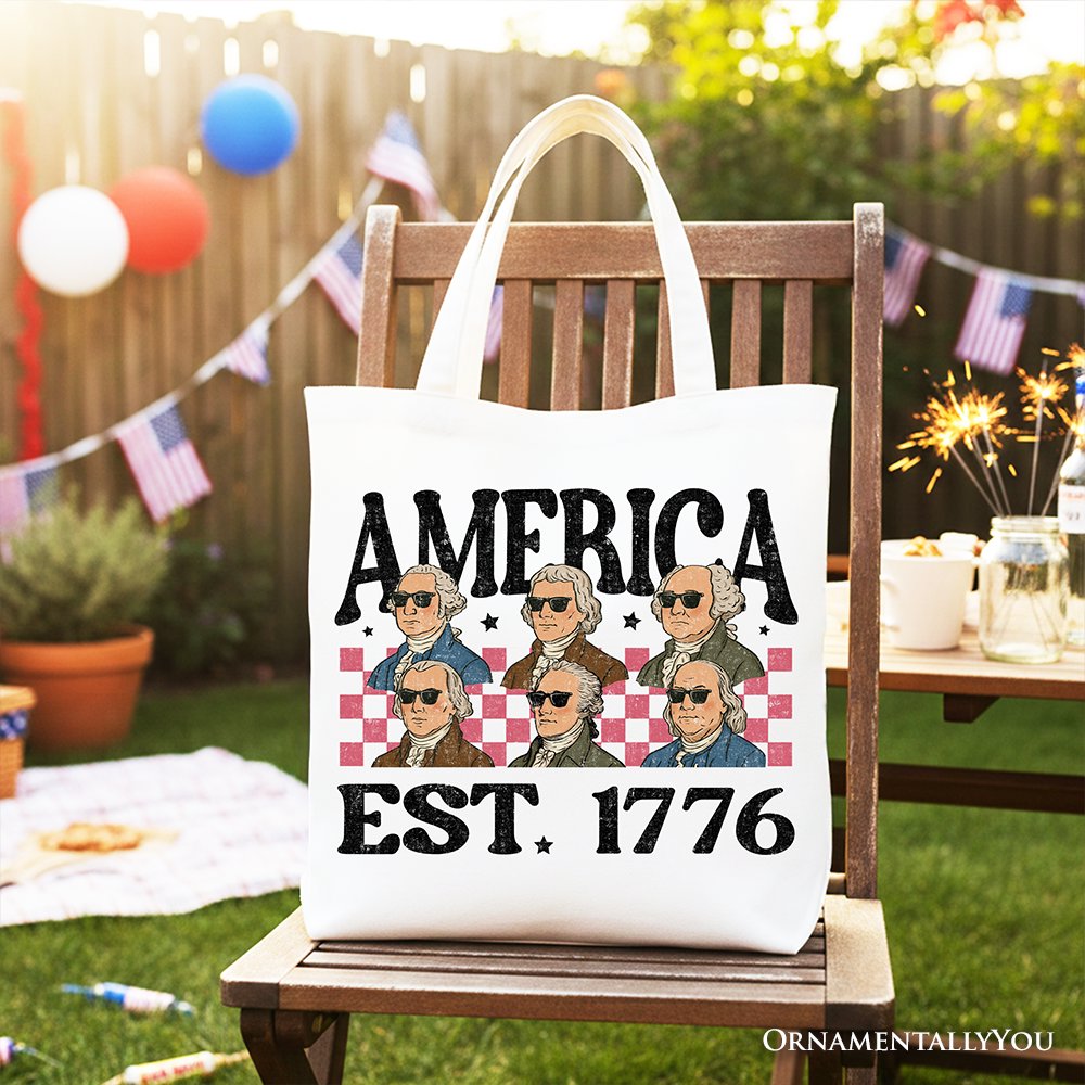 America Est 1776 Founding Fathers Vintage Canvas Tote Bag, Retro Patriotic Gift Shopper Tote Bag OrnamentallyYou White 