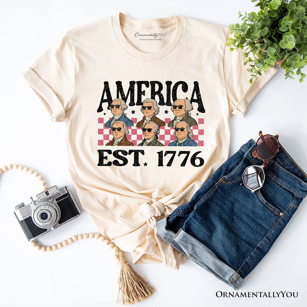 America Est 1776 Founding Fathers Vintage T-Shirt, Retro Patriotic Tee T-Shirts OrnamentallyYou Natural XS 
