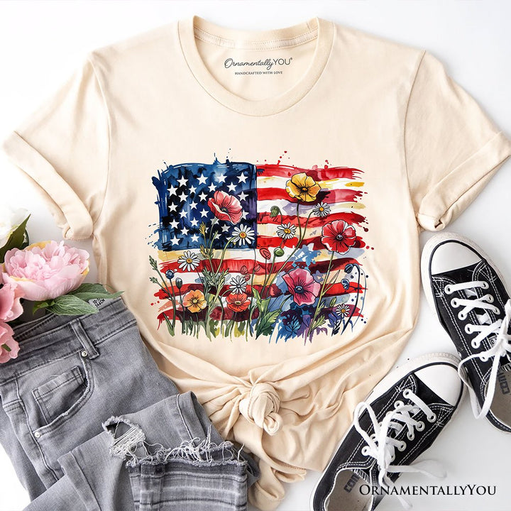 American Flag Floral Wildflower T-Shirt, Patriotic Boho USA 4th of July Tee T-Shirts OrnamentallyYou Natural XS 