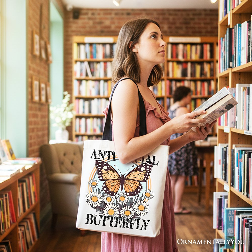 Anti Social Butterfly Canvas Tote Bag, Retro Gift Shopper for Quirky and Independent Women Tote Bag OrnamentallyYou 