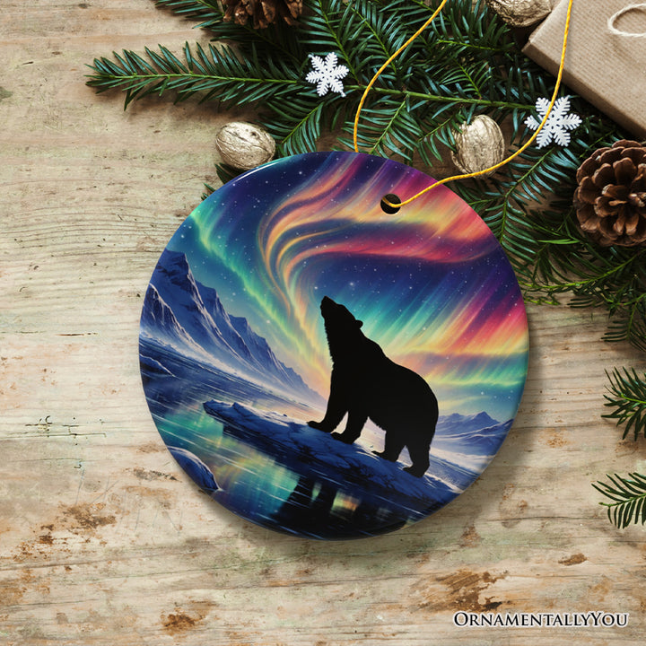 Arctic Aurora Polar Bear Ceramic Ornament, Northern Lights Wildlife Gift and Tree Decor