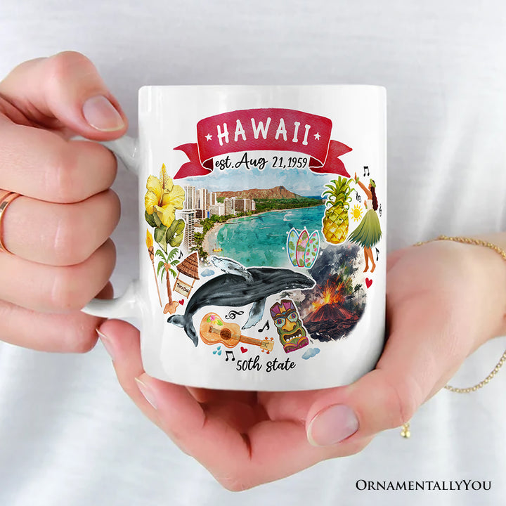 Artistic Hawaii State Themes and Landmarks Personalized Mug With Custom Name