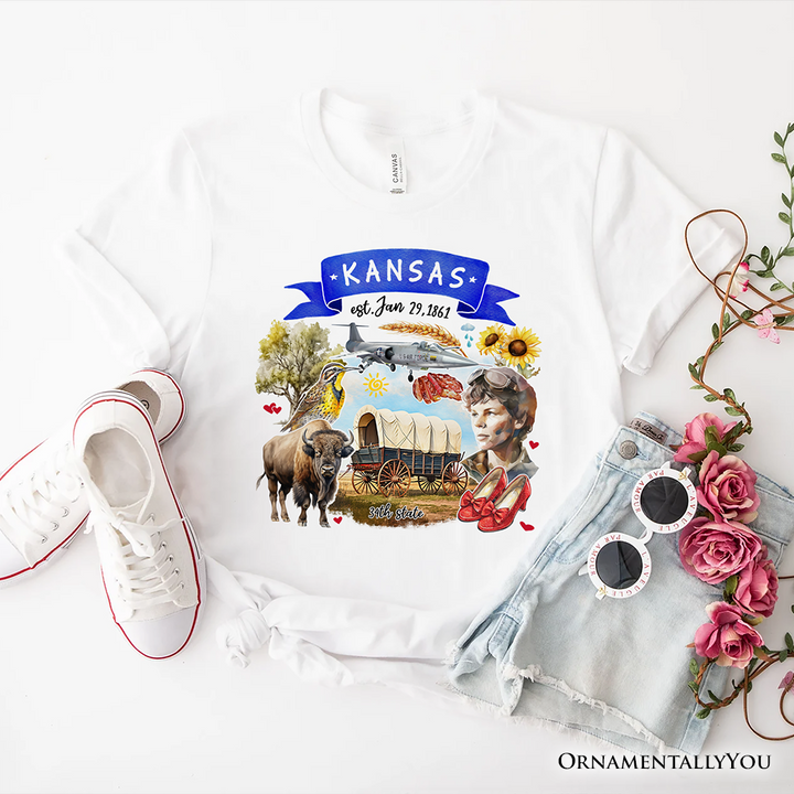 Artistic Kansas State Themes and Landmarks T-Shirt, Tee for History and Travel Lovers
