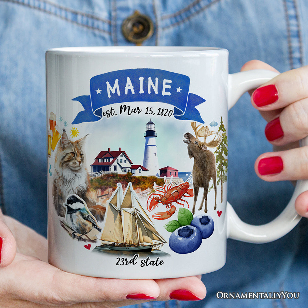 Artistic Maine State Themes and Landmarks Personalized Mug With Custom Name