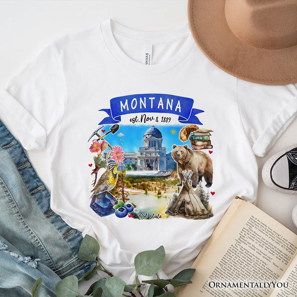 Artistic Montana State Themes and Landmarks T-Shirt, Tee for History and Travel Lovers T-Shirts OrnamentallyYou White XS 