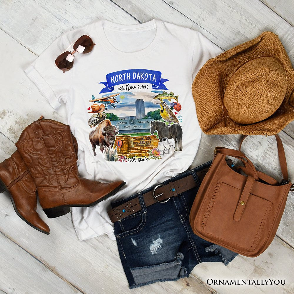 Artistic North Dakota State Themes and Landmarks T-Shirt, Tee for History and Travel Lovers T-Shirts OrnamentallyYou White XS 