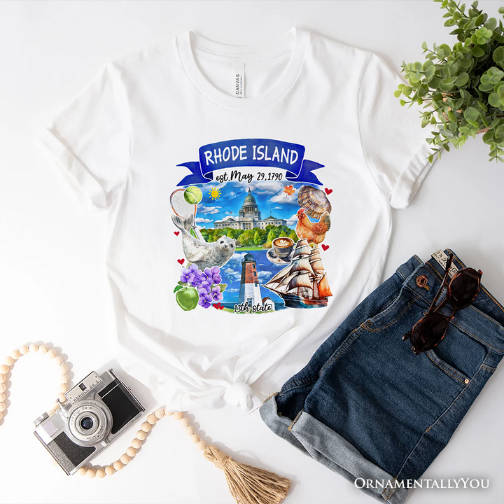 Artistic Rhode Island State Themes and Landmarks T-Shirt, Tee for History and Travel Lovers