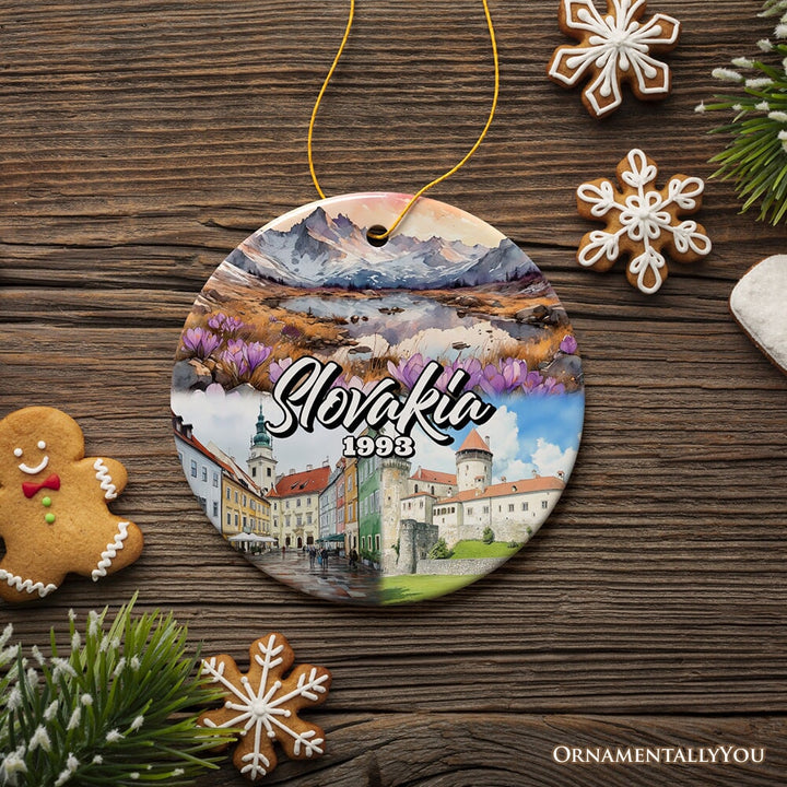 Artistic Slovakia Landmarks Ornament, Slavic Heritage and Culture Christmas Gift and Bratislava Travel Souvenir Ceramic Ornament OrnamentallyYou Circle Version 2 