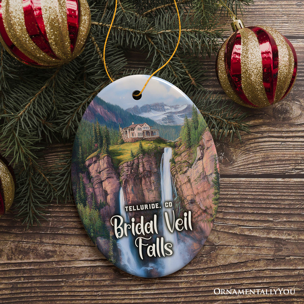 Artistic Telluride Mountain Town Ornament, Colorado Waterfall Landmark and Nature Adventure Christmas Gift and Tree Decor