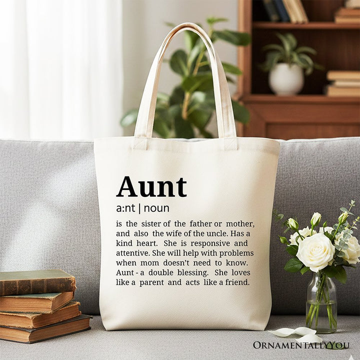 Aunt Definition Canvas Tote Bag, Funny Family Gift Shopper Tote Bag OrnamentallyYou White 