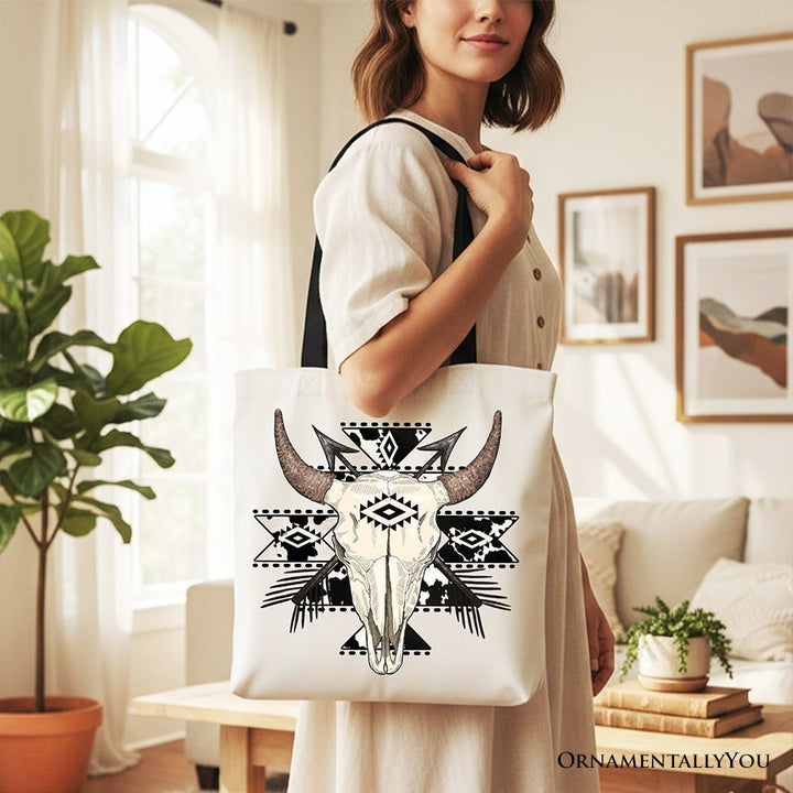 Aztec Tribal Bull Skull Canvas Tote Bag, Western Boho Gift Shopper Tote Bag OrnamentallyYou 