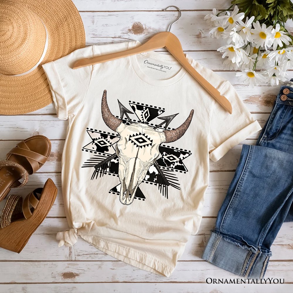 Aztec Tribal Bull Skull T-Shirt, Western Boho Tee T-Shirts OrnamentallyYou Natural XS 