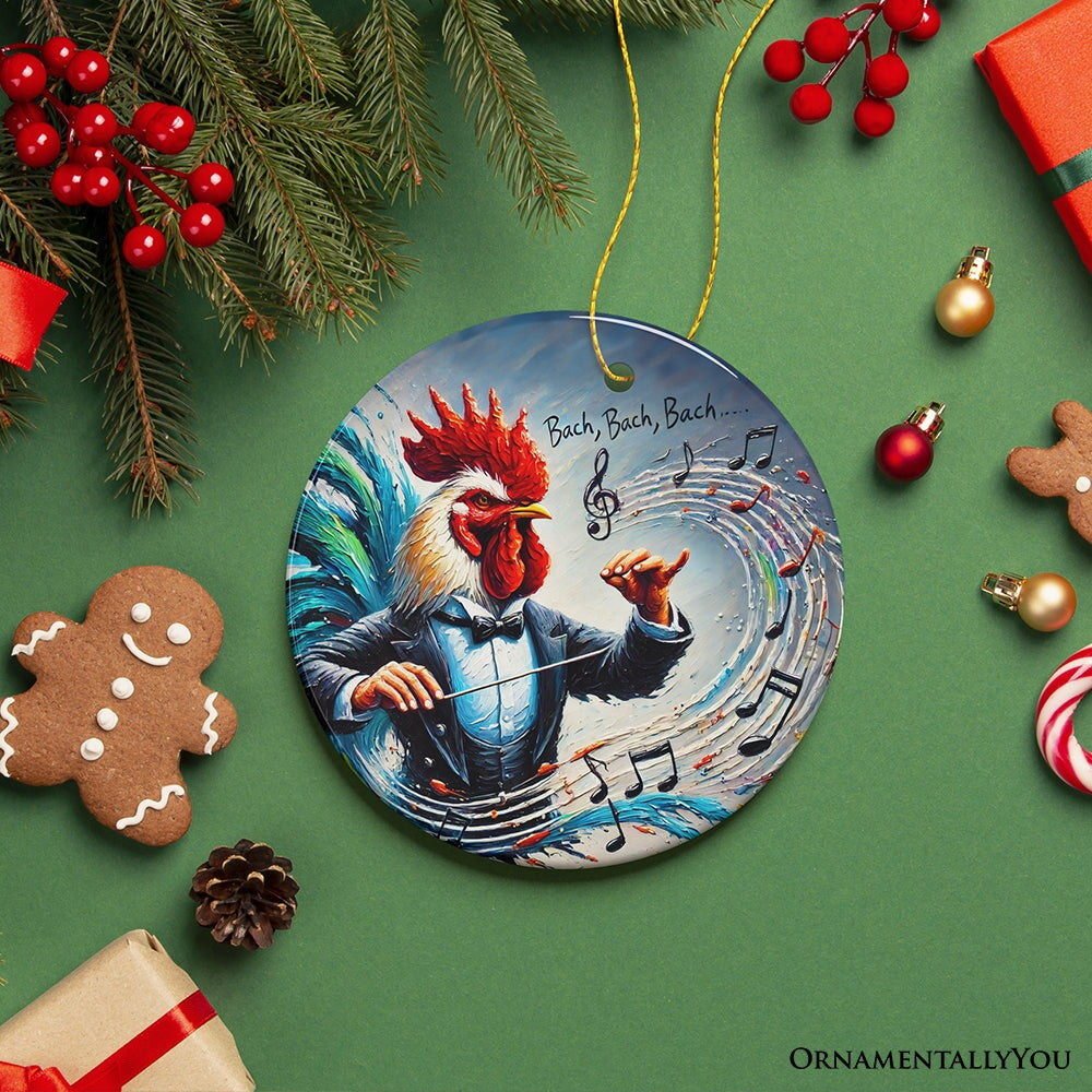 Bach Bach Bach Chicken Conductor Ornament, Playful Musical Christmas Decor Ceramic Ornament OrnamentallyYou 