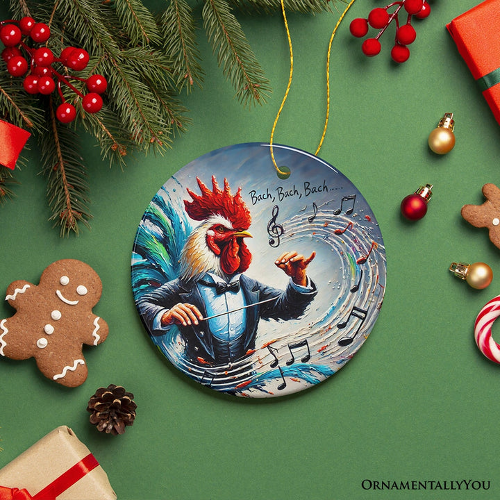 Bach Bach Bach Chicken Conductor Ornament, Playful Musical Christmas Decor Ceramic Ornament OrnamentallyYou 