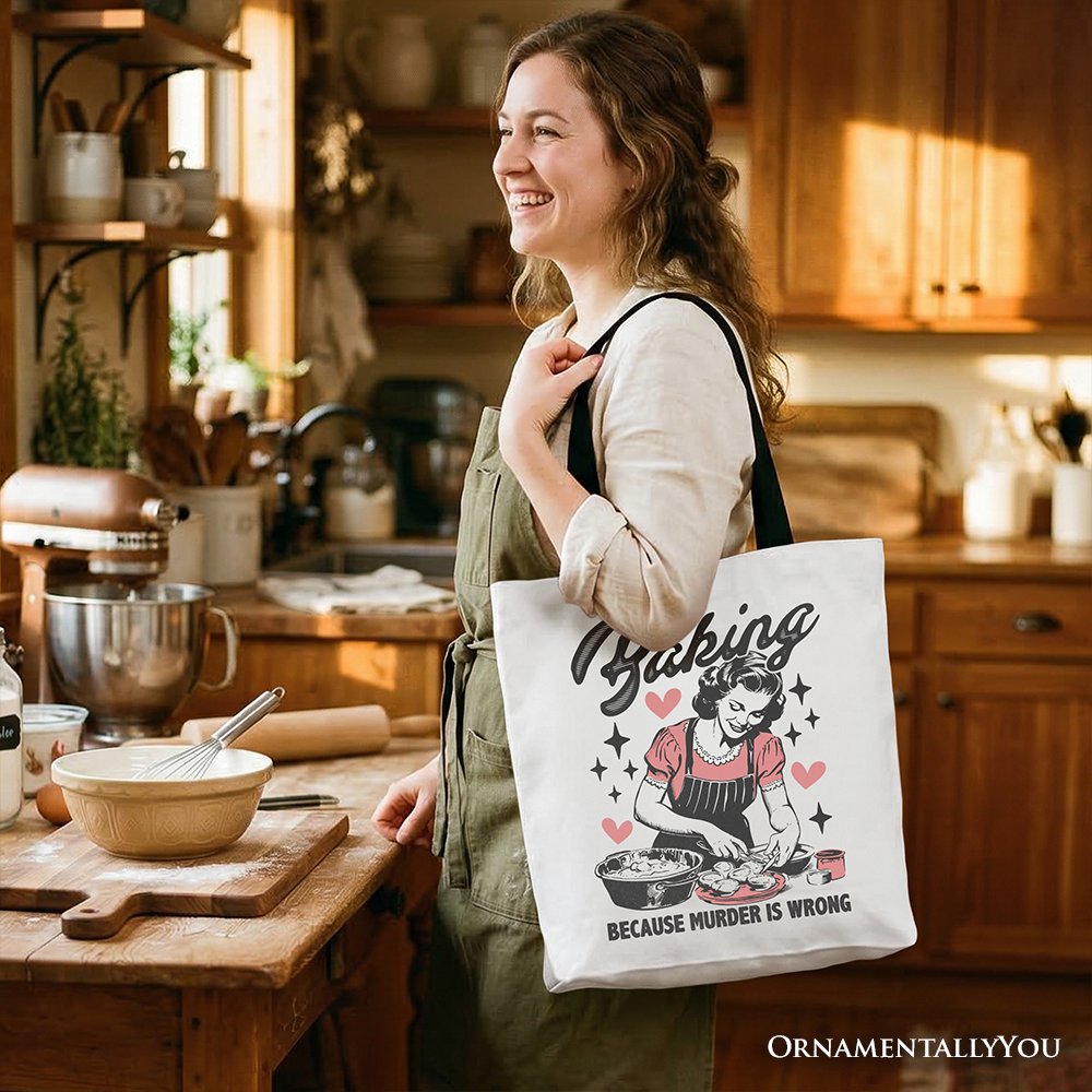 Baking Because Murder Is Wrong Anti-Valentine Tote Bag, Funny Retro Kitchen Gift Shopper Tote Bag OrnamentallyYou 