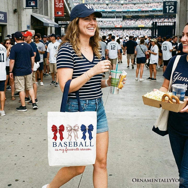 Baseball Is My Favorite Season Tote Bag, Coquette Bow Game Day Gift Shopper Tote Bag OrnamentallyYou 