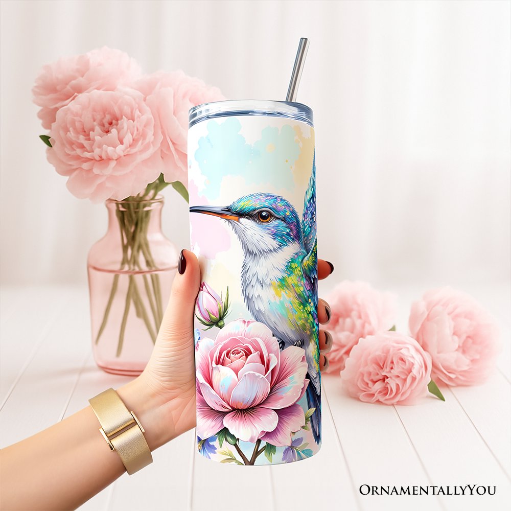 Beautiful Floral Hummingbird 20oz Personalized Tumbler With Lid and Stainless Steel Straw, Vibrant Roses Travel Mug Gift Tumbler OrnamentallyYou 
