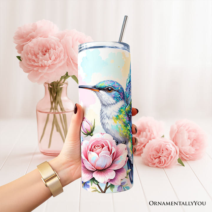Beautiful Floral Hummingbird 20oz Personalized Tumbler With Lid and Stainless Steel Straw, Vibrant Roses Travel Mug Gift