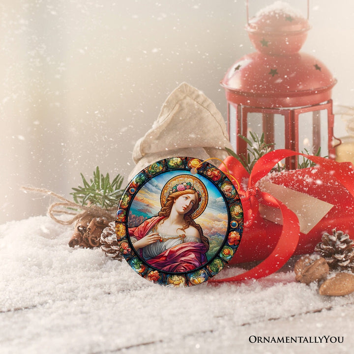 Beautiful Woman Stained Glass Themed Renaissance Italy Painting Ornament, Medieval Christmas Gift and Decor Ceramic Ornament OrnamentallyYou 