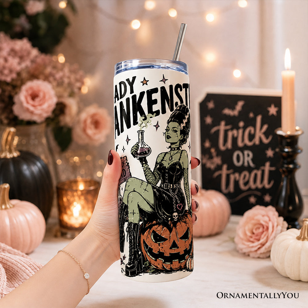 Beautifully Undead Lady Frankenstein 20oz Personalized Tumbler With Lid and Stainless Steel Straw, Vintage Halloween Monster Girl Gift Cup