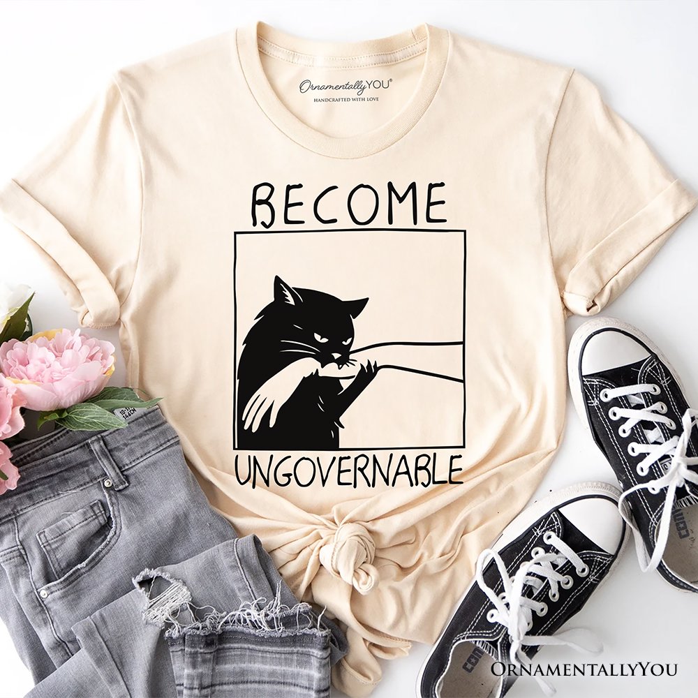 Become Ungovernable Black Cat T-Shirt, Bites Hand Humorous Meme Tee T-Shirts OrnamentallyYou Natural XS 