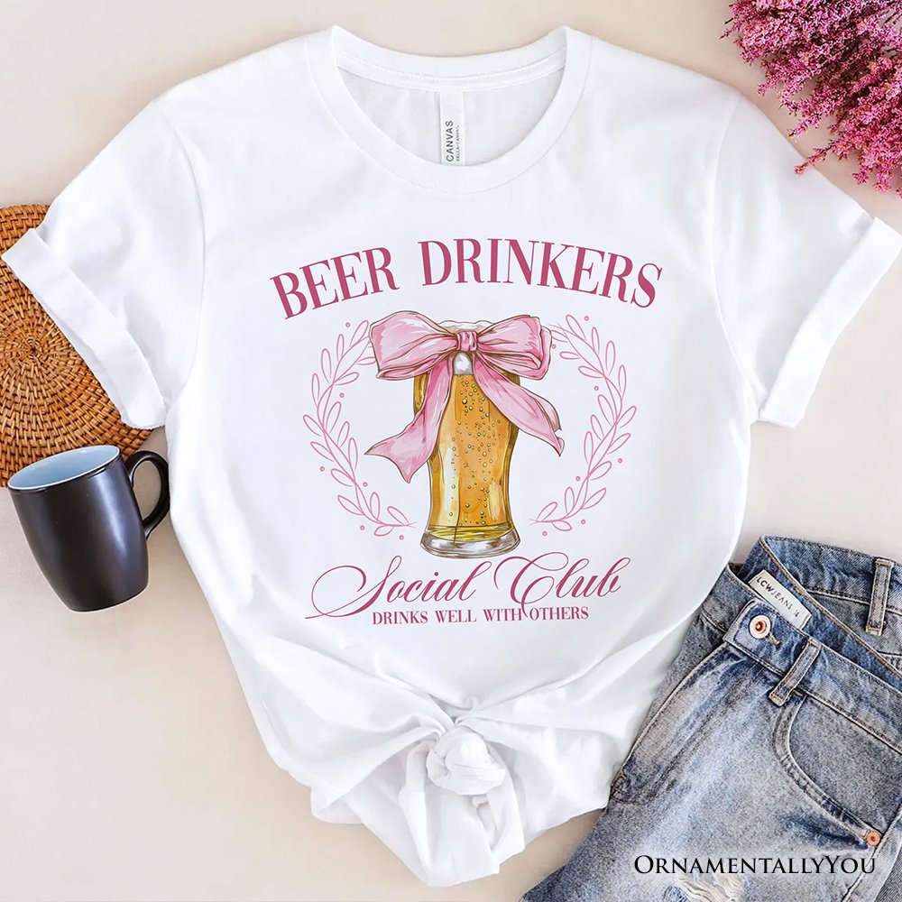 Beer Drinkers Social Club T-Shirt, Coquette Pink Bow Tee for Girly Summer Bachelorette Vibes T-Shirts OrnamentallyYou White XS 