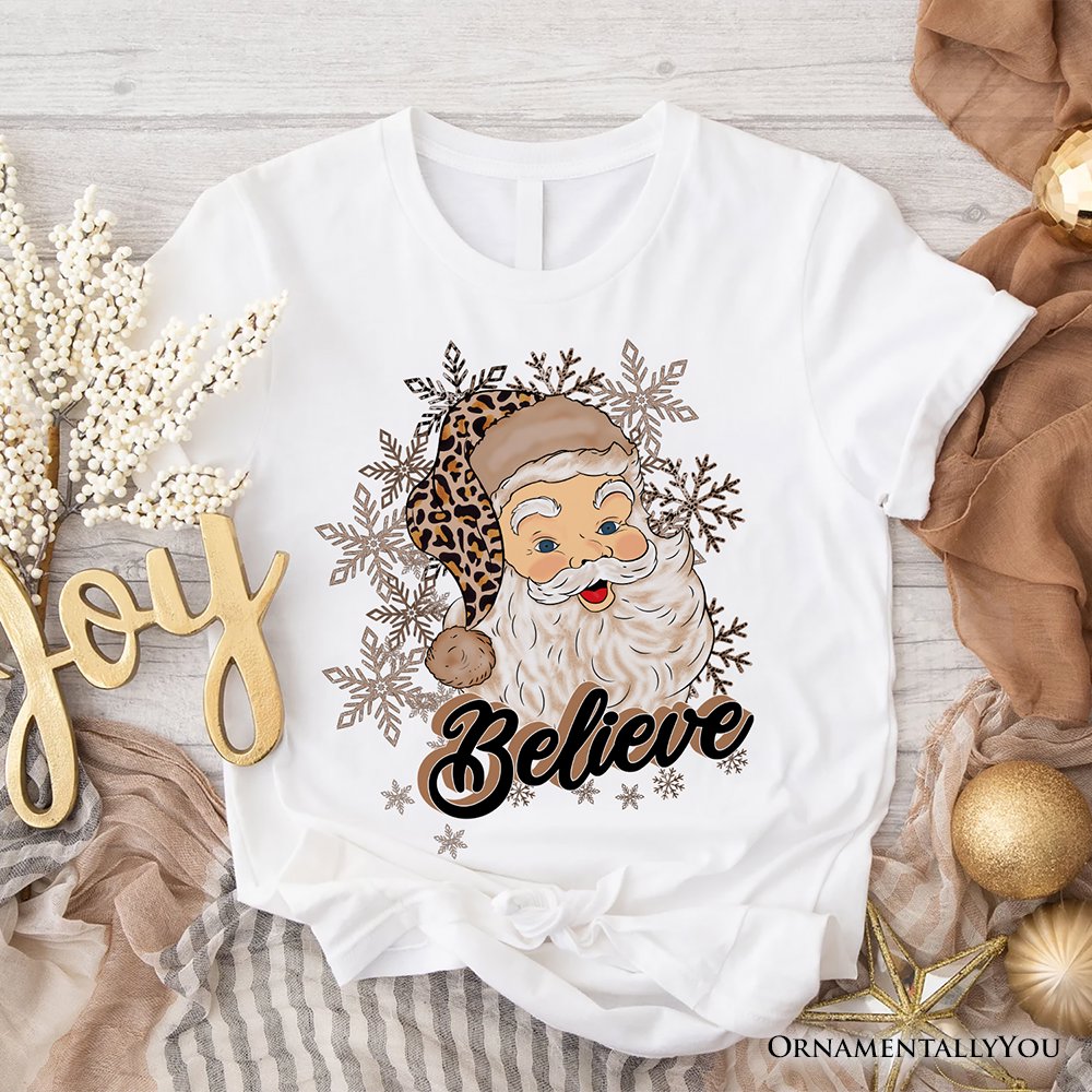 Believe Santa Cheetah Leopard T‑Shirt, Retro Christmas Tee T-Shirts OrnamentallyYou White XS 