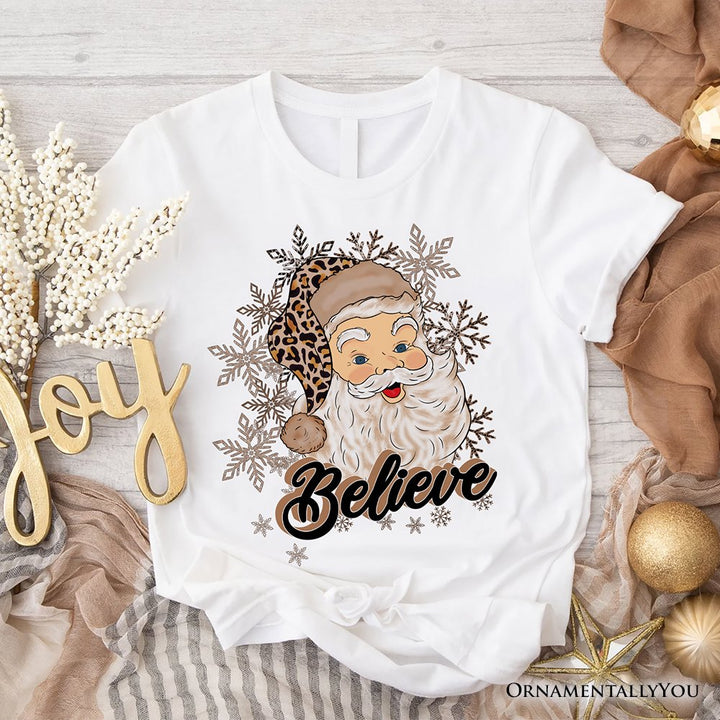 Believe Santa Cheetah Leopard T‑Shirt, Retro Christmas Tee T-Shirts OrnamentallyYou White XS 