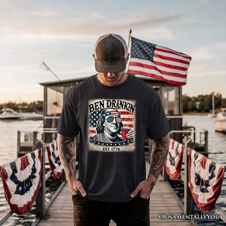 Ben Drankin Funny 4th of July T-Shirt, White, Navy and Black Patriotic Tee With Benjamin Franklin