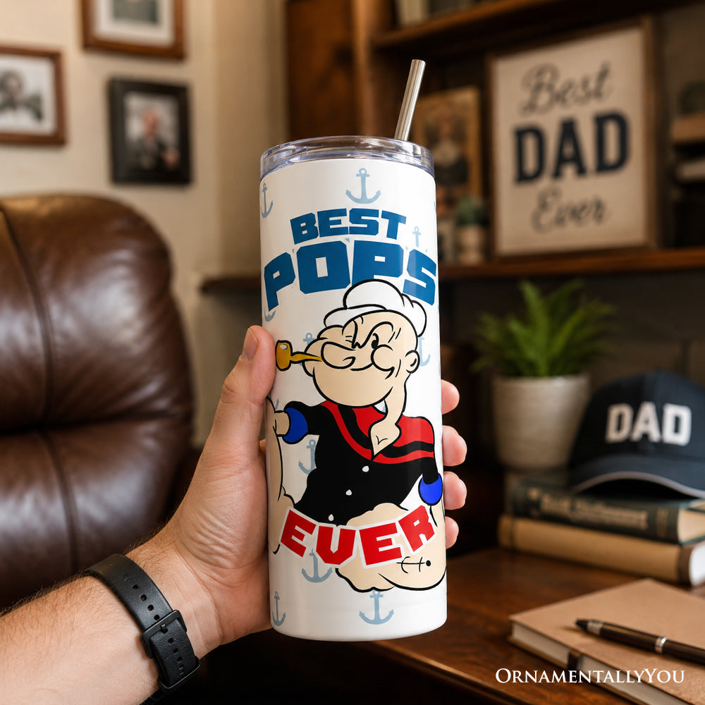 Best Pops Ever 20oz Personalized Tumbler With Lid and Stainless Steel Straw, Classic Popeye the Sailorman Dad Gift Cup