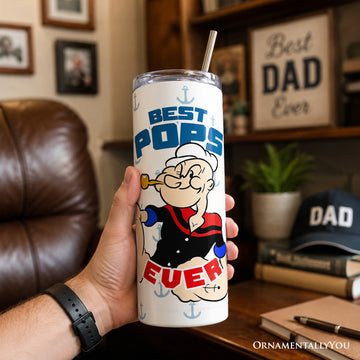 Best Pops Ever 20oz Personalized Tumbler With Lid and Stainless Steel Straw, Classic Popeye the Sailorman Dad Gift Cup
