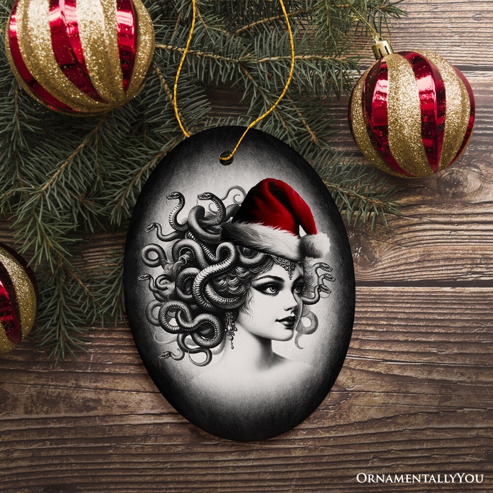 Bewitching Medusa with Santa Hat Ornament, Alluring Christmas Decoration for Halloween Tree Keepsake Ceramic Ornament OrnamentallyYou Oval 