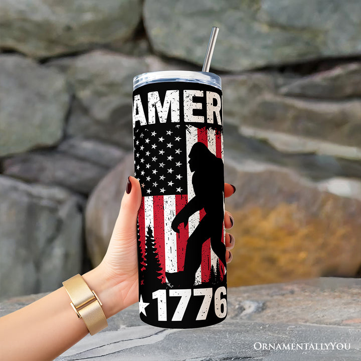 Bigfoot American Flag 20oz Personalized Tumbler With Lid and Stainless Steel Straw, Patriotic Sasquatch Gift Cup