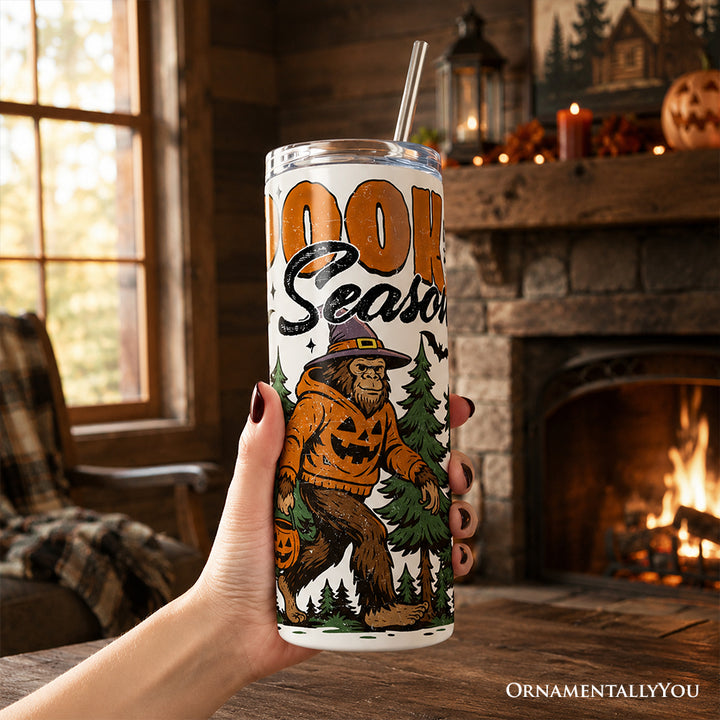 Bigfoot Spooky Season 20oz Personalized Tumbler With Lid and Stainless Steel Straw, Retro Halloween Forest Gift Cup