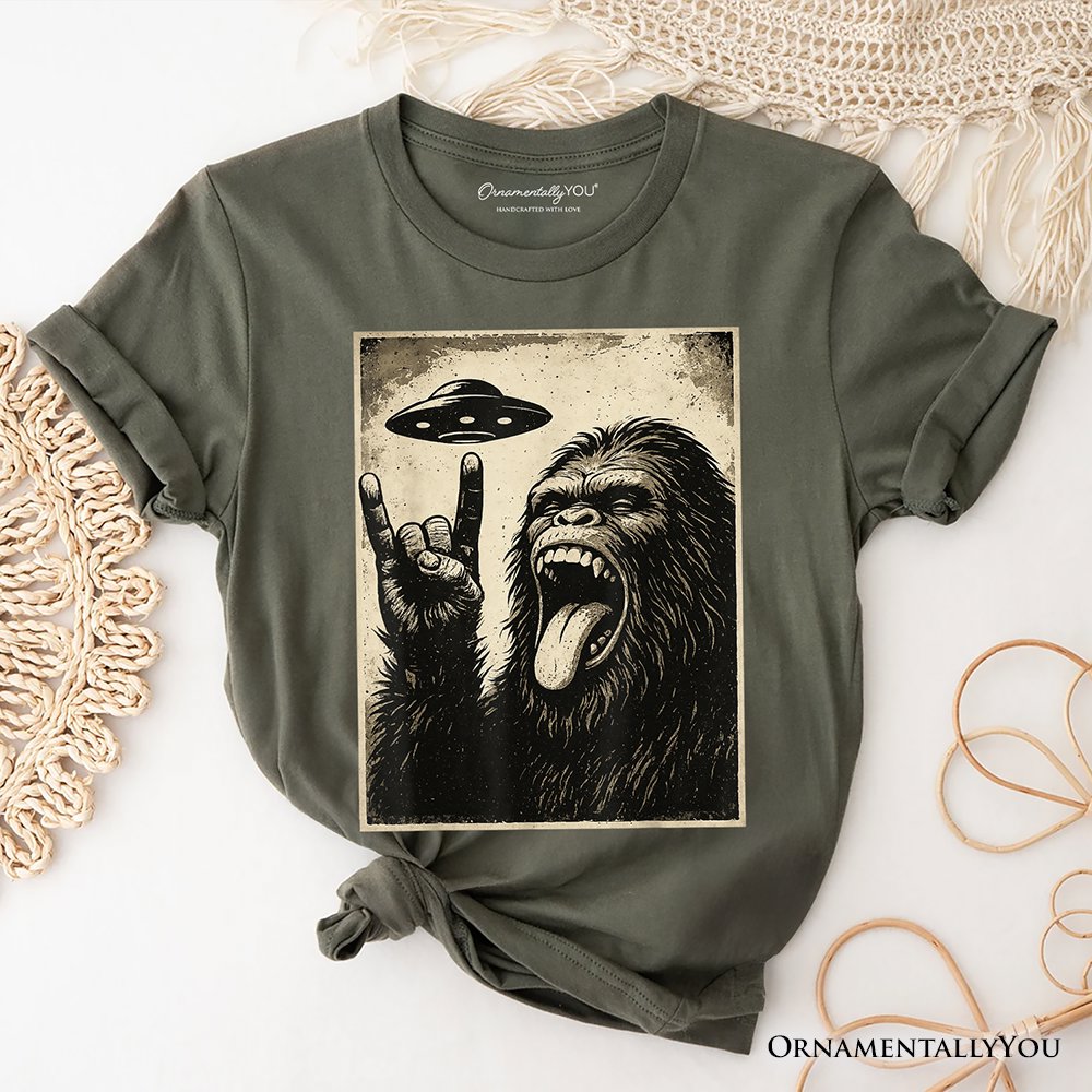 Bigfoot UFO Funny T-Shirt, Rock and Roll Sasquatch Meme Tee T-Shirts OrnamentallyYou Military Green XS 