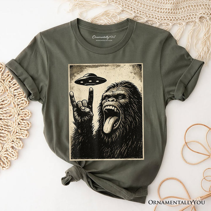 Bigfoot UFO Funny T-Shirt, Rock and Roll Sasquatch Meme Tee T-Shirts OrnamentallyYou Military Green XS 