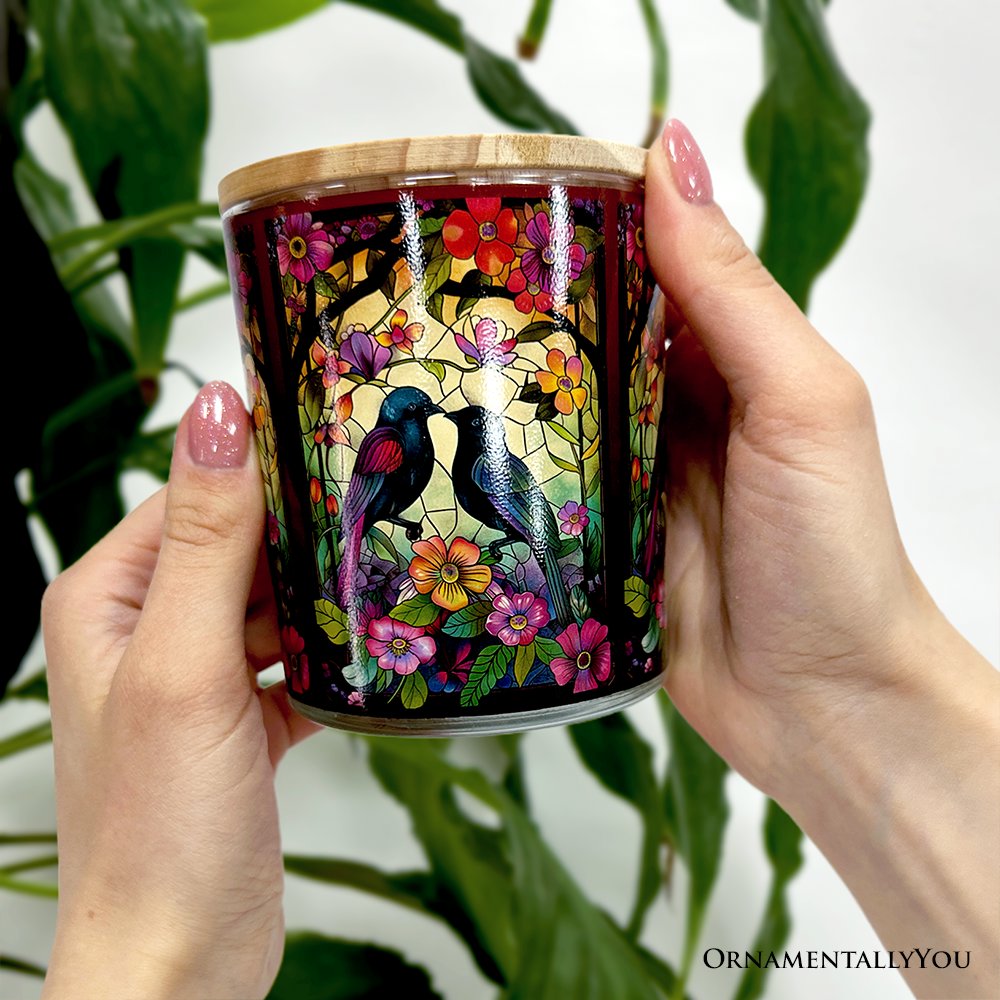Birds of Love Faux Stained Glass LED Tea Light Candle, Cozy Romantic Valentine Decor With Soft Glow Candles OrnamentallyYou 