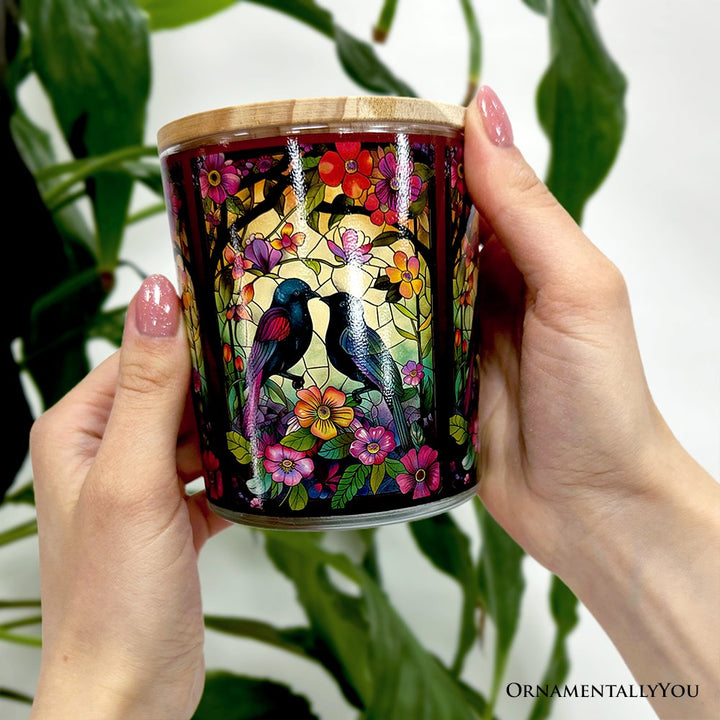 Birds of Love Faux Stained Glass LED Tea Light Candle, Cozy Romantic Valentine Decor With Soft Glow Candles OrnamentallyYou 