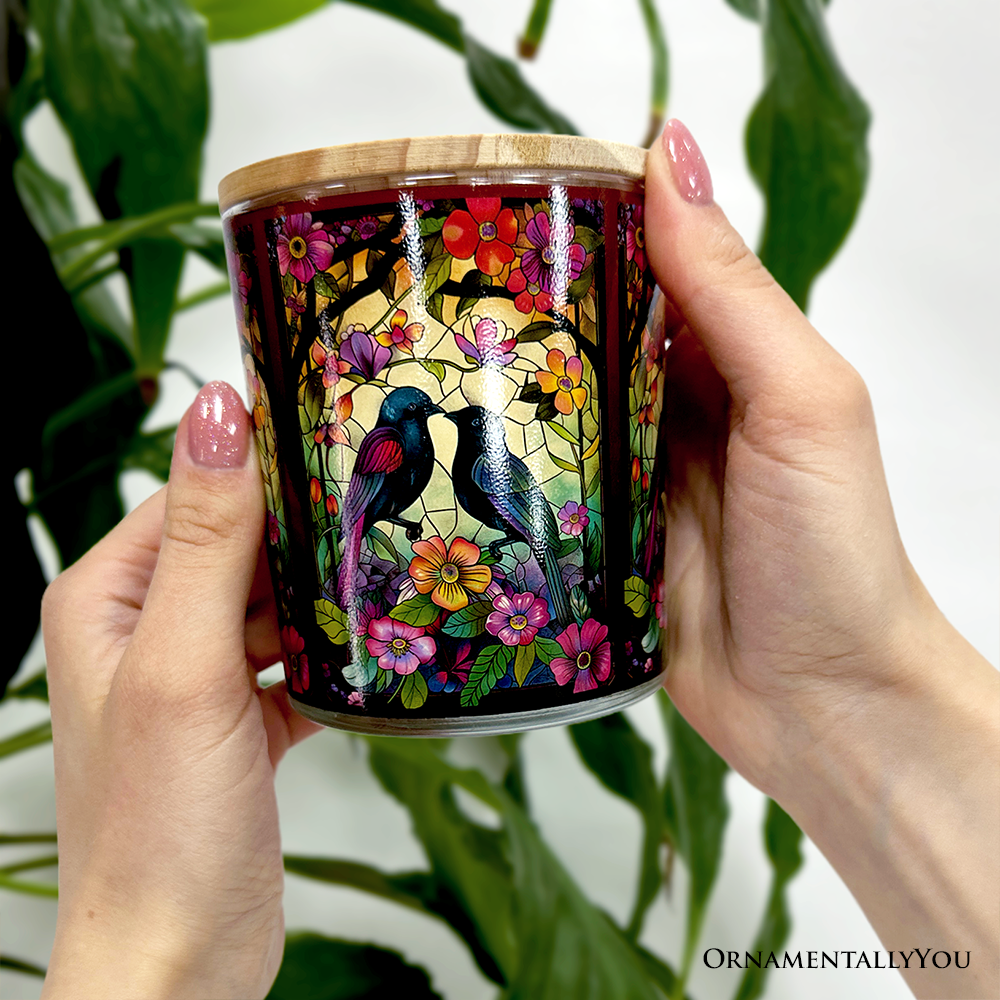 Birds of Love Faux Stained Glass LED Tea Light Candle, Cozy Romantic Valentine Decor With Soft Glow